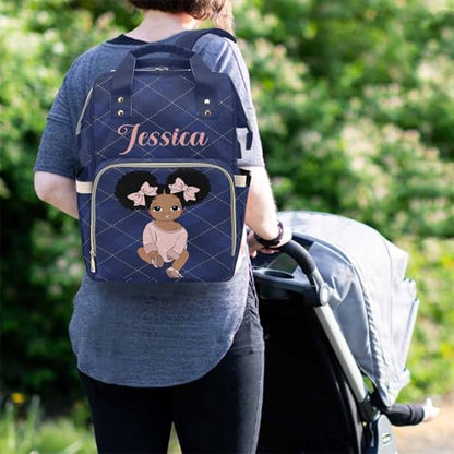 Newcos Personalized Blue Cloth Plaid Diaper Bag Backpack with Name Custom Afro Princess Mommy Nursing Baby Bags for Women,Customized Large Nappy Bags - color: 230112-14