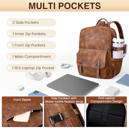 Vegan Leather Laptop Backpack for Women Designer 15.6 Inch PU Laptop Bag, Ladies Travel Computer Work Backpack - color: Brown