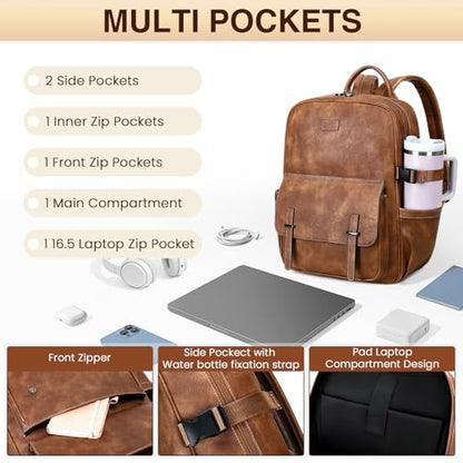 Vegan Leather Laptop Backpack for Women Designer 15.6 Inch PU Laptop Bag, Ladies Travel Computer Work Backpack - color: Brown