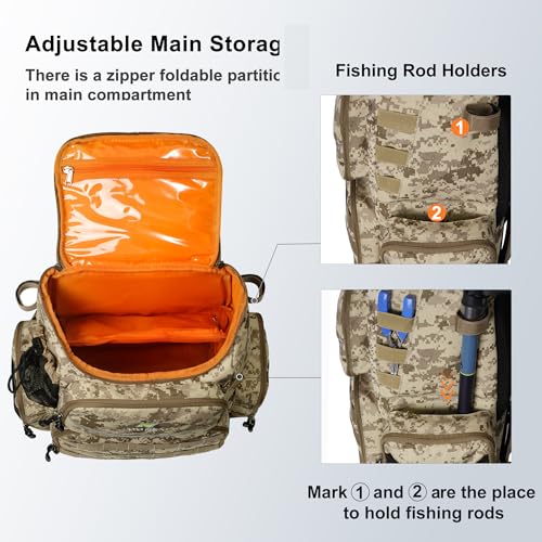 N NEVO RHINO Fishing Tackle Backpack with Rod Holders, 40L Large Fishing Bag with Waterproof Rain Cover,Outdoor Tackle Bag - color: Camouflage Yellow Pack with 4 Trays, size: Pack with 4 Trays