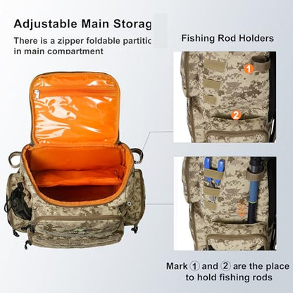 N NEVO RHINO Fishing Tackle Backpack with Rod Holders, 40L Large Fishing Bag with Waterproof Rain Cover,Outdoor Tackle Bag - color: Camouflage Yellow Pack with 4 Trays, size: Pack with 4 Trays