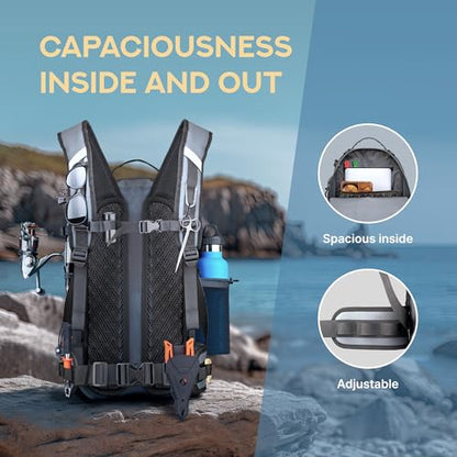 Xelfly - Waterproof Fishing Backpack with Rod Holder, Inflatable Air Valve, Padded Waist Straps & Gear Loops - Submersible Zipper, Rugged Top Handle, Adjustable Attachments (Gray) - color: Gray, size: Fishing Backpack
