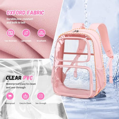 Sisipoet Clear Backpack for School, Heavy Duty Clear Bookbag for Girls Wome Large Transparent Backpack with Oxford Fabric Side Panels 17 Inch, Pink - color: Pink