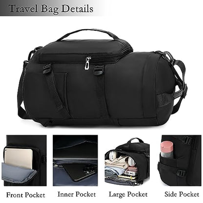Gym Bag for Women,Waterproof Duffel Backpack Sports Duffle Bag with Shoes Compartment,Carry On Rucksack Daypack for Travel Yoga Camping (Black)