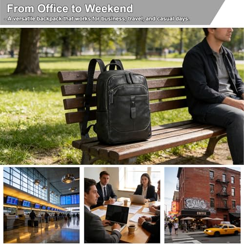 Genuine Leather Backpack for Men & Women - 15.6 Inch Laptop Backpack, Durable Business Commute Bag with Multi-Pockets for Travel & Office - color: Y80&15y Black