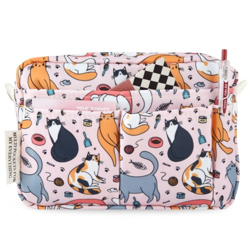 Portfolio Organizer with Multiple Pockets, Waterproof Travel Zippered Toiletry Bag, Portable Storage Pencil Pouch for Notebooks, Stationeries, Make-up, Journal Office Art Supplies.Pink Cat - color: Pink Cat