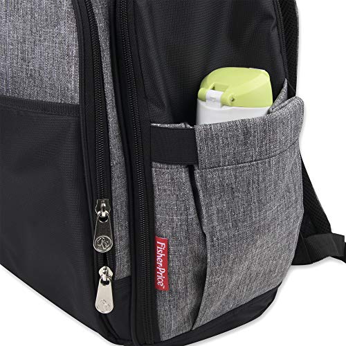 Fisher Price Diaper Bag Backpack with Changing Pad and Stroller Straps, Grey, Large