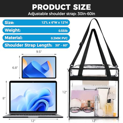 BAGAIL Clear Bags 12x6x12 Stadium Approved Clear Tote Bag with Zipper Closure Crossbody Shoulder Bag with Adjustable Strap - color: Black