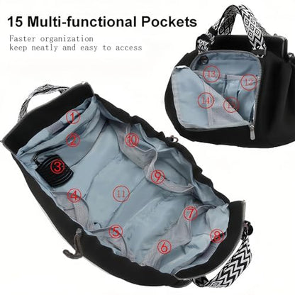 Tote Bag Large Capacity Lightweight Backpack with 15 Pockets Nylon Shoulder Bag for Car Travel Mother Bag - color: Black