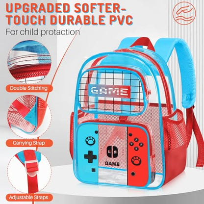 TILYTADLY 3PCS Clear Backpack for School - Gamer Kids Clear Backpacks for Boys and Girls,Heavy Duty Transparent Bookbag with Lunch Bag and Pencil Case - See Through PVC Transparent Bookbag - color: Red&blue - Set