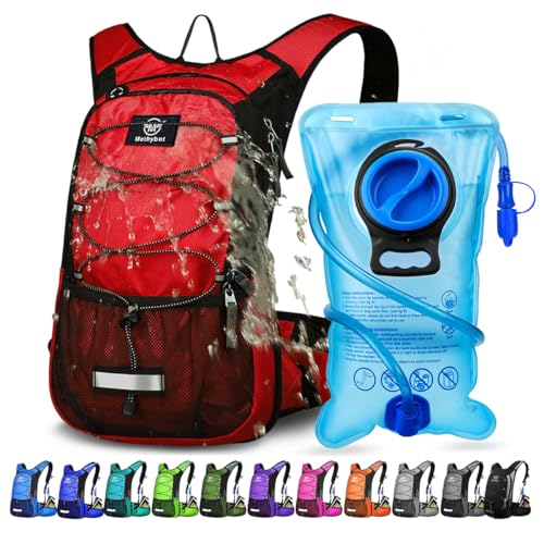 Mothybot Insulated Hydration Backpack Pack with 3L BPA Free Leak Proof Water Bladder, Large Storage Lightweight Hiking Daypack with Waist Pouches & Cooler Layer, for Running, Biking, Camping, Festival - color: Red