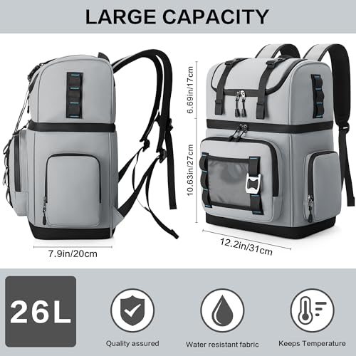 Large Waterproof Insulated Cooler Backpack for Men & Women, Double Decker Leak Proof Cooler Backpack for Beach, Camping, Picnic, Travel, 26L, 44Cans - color: Gray