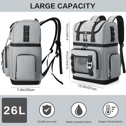 Large Waterproof Insulated Cooler Backpack for Men & Women, Double Decker Leak Proof Cooler Backpack for Beach, Camping, Picnic, Travel, 26L, 44Cans - color: Gray