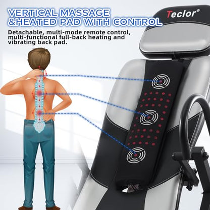 Teclor Inversion Table,Advanced Heat and Massage Function,Strength Training Inversion Table for Back Pain Relief,Heavy Duty Inversion Table 350 lbs Capacity with Wider and Thickened Backrest - color: Silver/Black