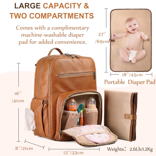 VASCHY Diaper Bag Backpack for Mum Dad, Unisex Large Waterproof Vegan Leather Baby Bag with Changing Pad,Insulated Pockets,Padded Laptop Sleeve for Travel,Brown - color: Tan