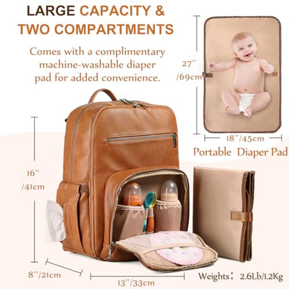 VASCHY Diaper Bag Backpack for Mum Dad, Unisex Large Waterproof Vegan Leather Baby Bag with Changing Pad,Insulated Pockets,Padded Laptop Sleeve for Travel,Brown - color: Tan