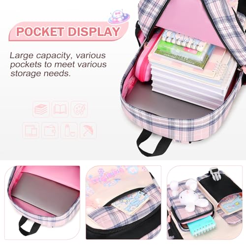 FIXITOK Girls Backpack Set, 3PCS Kids Backpacks for Girl, Kawaii Bunny School Backpack for Girls Kindergarten Elementary Preschool Middle School Bags with Lunch Box Pencil Case Blackpink-Plaid - color: Blackpink-plaid
