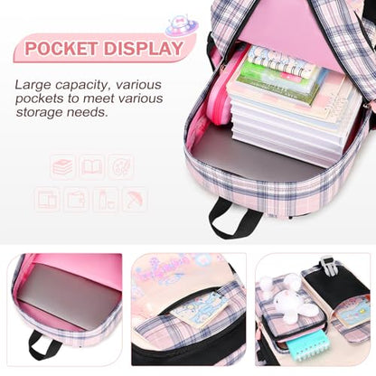 FIXITOK Girls Backpack Set, 3PCS Kids Backpacks for Girl, Kawaii Bunny School Backpack for Girls Kindergarten Elementary Preschool Middle School Bags with Lunch Box Pencil Case Blackpink-Plaid - color: Blackpink-plaid