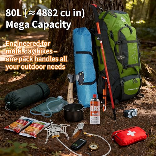 80L Hiking Backpack,Waterproof Lightweight Trekking Bag with Air Cushion Straps, Suitable for People Who are 5 feet 5 inches or taller for Mountaineering/Camping/Travel (green,80L) - color: Green