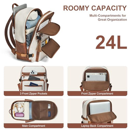 Shrrie Laptop Backpack for Women,Vegan Leather Backpack Work Computer Backpacks fits 16" Laptop,Water Resistant Teacher Nurse Casual Daypack for Weekender Camping Travel,Beige with Brown - color: Beige With Brown