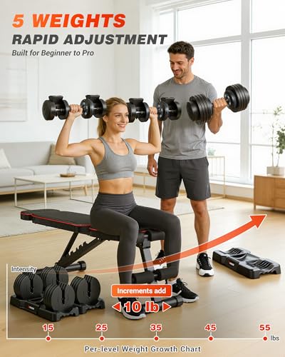 Adjustable Dumbbells Set of 2, 1 Hand Adjustable Weights Dumbbell Set and Workout Bench, 25/55/80lb Pair Weight Set For Home Gym Suit both Men and Women, Compact for Small Space Apartment Room - color: Classic-55lbs-Gray Dumbbells+Bench
