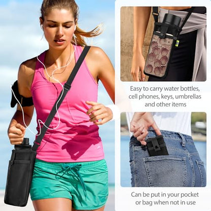 BINSUNS 2 Pcs Large Water Bottle Bag with Strap, Mesh Water Bottle Carrier Holder Crossbody Water Sling Bag Shoulder Strap and Pocket - Walking Sports Hiking Camping (Black+Blue) - color: Black+Blue, size: 2 Pcs-Large