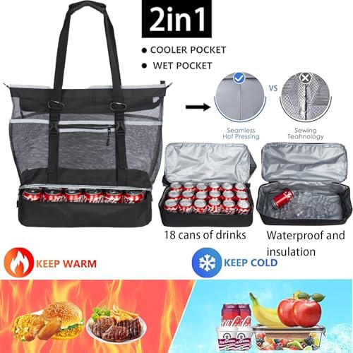 Mesh Beach Bag with Cooler Large Travel Family Vacation Essentials Pool Swimming Zipper Pocket Durable 9 Pockets - color: Black
