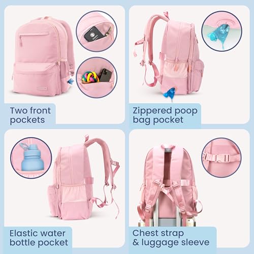Dog Travel Bag for Supplies - Complete Dog Diaper Bag Backpack with 2 BPA-Free Travel Bowls, Treat Pouch, Food Container, Placemat & Laptop Sleeve – for Traveling, Road Trips, Hiking: Dusty Pink - color: Dusty Pink