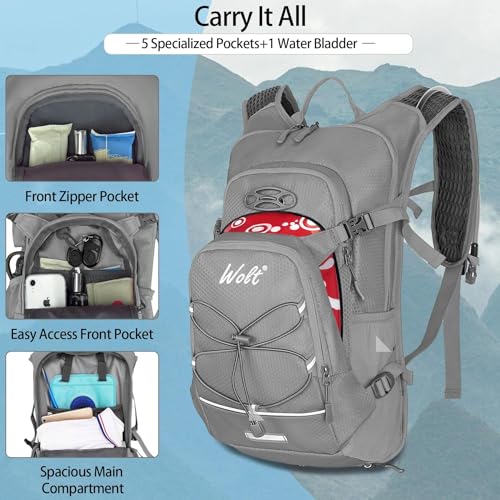 WOLT Hydration Backpack 18L Hiking Water Backpack with 2L Water Bladder for Men Women, Hydration Pack for Running Cycling Biking and Climbing - color: Lightgray
