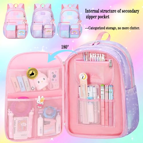 Jcobvig Rainbow Backpack For Girls Kids,Cute Student School Backpack With Pen Bag,Aesthetic Starry Rainbow Laptop Travel Bag - color: Purple, size: Medium