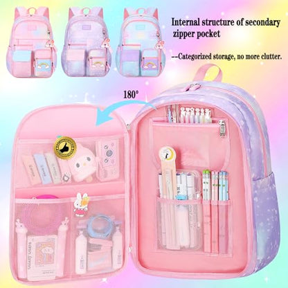 Jcobvig Rainbow Backpack For Girls Kids,Cute Student School Backpack With Pen Bag,Aesthetic Starry Rainbow Laptop Travel Bag - color: Purple, size: Large