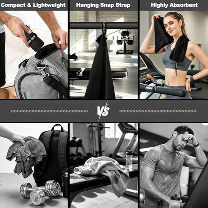 Microfiber Workout Towels - Quick Dry Silver ION Odor-Free, Highly Absorbing, Gym Towels for Men & Women - Sports Sweat Towel for Gym, Yoga, Working Out, Camping, Travel, Set of 8 Black–16x31.5Inch