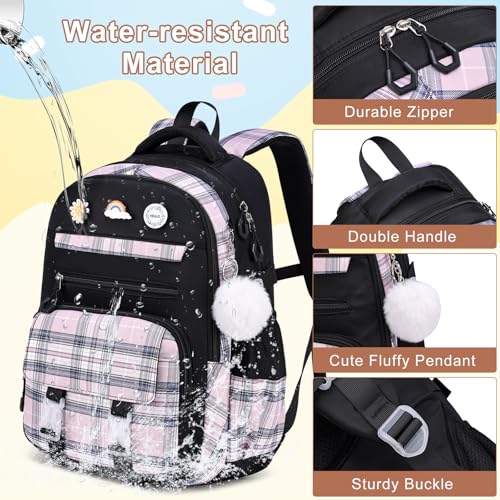 MOMUVO Backpack for Girls with Lunchbox, Kids Backpack with Lunch Box, Bookbag for Girls Kindergarten Elementary Preschool Middle School - color: Black Pink Sets