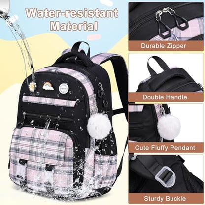 MOMUVO Backpack for Girls with Lunchbox, Kids Backpack with Lunch Box, Bookbag for Girls Kindergarten Elementary Preschool Middle School - color: Black Pink Sets