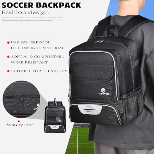 Youth Soccer Bag, Soccer Backpack with Ball Holder, Basketball Volleyball Football Handball Sports Backpack with Ball Compartment - color: Black