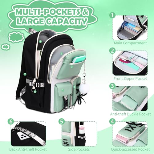 ACESAK Backpacks for Girls, Girls Backpack with Lunch Box and Pencil Case for Teen Kids Elementary Middle High School College Student, Children Backpack Bookbag with USB Charging Port (Peas Green) - color: Black With Pea Green Accent
