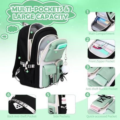 ACESAK Backpacks for Girls, Girls Backpack with Lunch Box and Pencil Case for Teen Kids Elementary Middle High School College Student, Children Backpack Bookbag with USB Charging Port (Peas Green) - color: Black With Pea Green Accent
