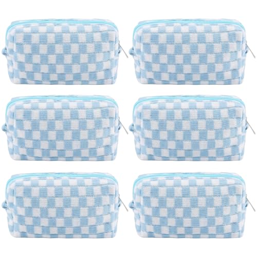 ZLFSRQ 6Pcs Checkered Pencil Case Cute Pencil Pouch for Teens Checkered Makeup Bag Blue Medium Travel Cosmetic Bag Makeup Pouch for Purse Aesthetic Trendy Zipper Toiletry Bags Organizer - color: Checkered 6Pcs M Blue