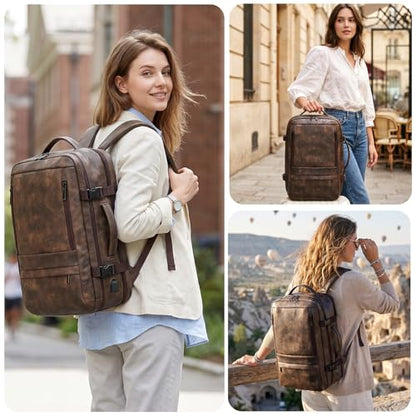 Travel Backpack for Men Women, PU Leather Carry On Backpack Flight Approved with Laptop Compartment, 40L Expandable Personal Item Travel Bag for Traveling Weekender Business (Coffee) - color: Coffee