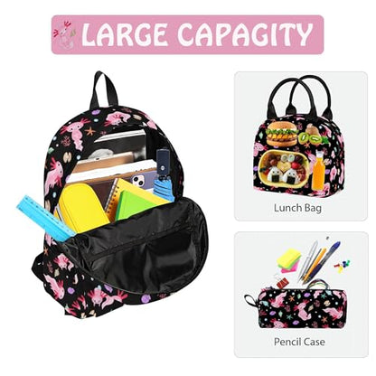 Axolotl Cute 3PCS Backpack Set for Teens Elementary Middle High School, 17 Inch Lightweight Classic Bookpack 3 in 1 Set for Girls Boys, Kids Back to School Backpack with Lunch Box Pencil Case - color: Axolotl
