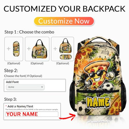 Custom Backpack for Kids Boys Personalized Soccer Bookbag for School Travel Hiking, Funny Pizza Backpacks Lightweight Casual Bag for Student - color: Red