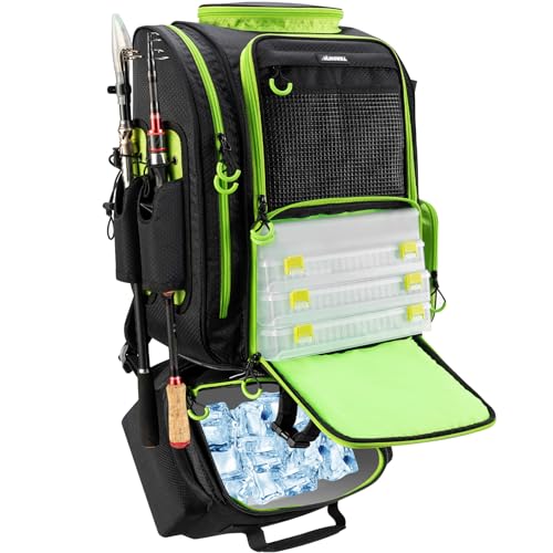 BLISSWILL Large Fishing Backpack with Cooler for 3 Tackle Boxes - Fishing Bag with Rod Holders for Camping and Hiking - color: Black