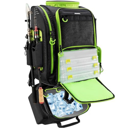 BLISSWILL Large Fishing Backpack with Cooler for 3 Tackle Boxes - Fishing Bag with Rod Holders for Camping and Hiking - color: Black