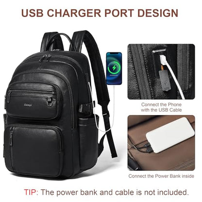 Vegan Leather Backpack, TSA Travel Backpack for Men and Women, Fits 17.0 Inch Laptop with Luggage Strap, Black - color: Black