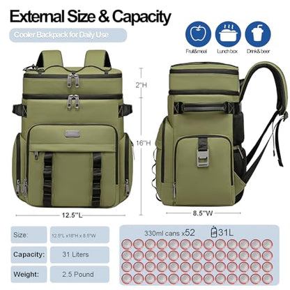 Weitars Insulated Cooler Backpack,Double Deck Waterproof Soft Cooler Bag,Backpack Coolers Leak Proof Lunch Backpack for Men Women for Travel,Camping,Picnic,Beach,Picnic,Outdoor 31L/52 Can - color: Green