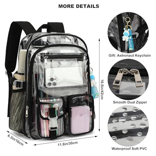 Clear Backpack Heavy Duty Transparent Backpacks Stadium Approved for School Work Sport Travel (Black) - color: Black