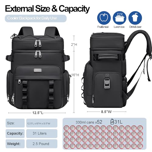 Weitars Insulated Cooler Backpack,Double Deck Waterproof Soft Cooler Bag,Backpack Coolers Leak Proof Lunch Backpack for Men Women for Travel,Camping,Picnic,Beach,Picnic,Outdoor 31L/52 Can - color: Black