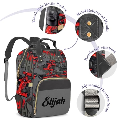 Custom Diaper Bag with Name, Personalized School Bag for Boys Red Car Pattern, Monogram Nappy Backpack with Thermal Pockets for Adults, Large Capacity Waterproof Diaper Bag, Travel Gifts - color: Red Car