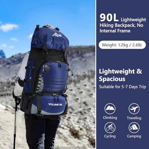 90L Hiking Backpack, Waterproof Camping Bag with Rain Cover, Lightweight Backpacking Back Pack - color: Blue