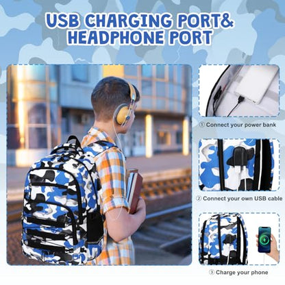ACESAK Camo Backpack for Boys, Tactical Kids Backpack Boys, School Bags for Boy Children Teens Kids Elementary Middle High School, Military Bookbag and Lunch Bag Pencil Case Set with USB Charging Port - color: Blue White